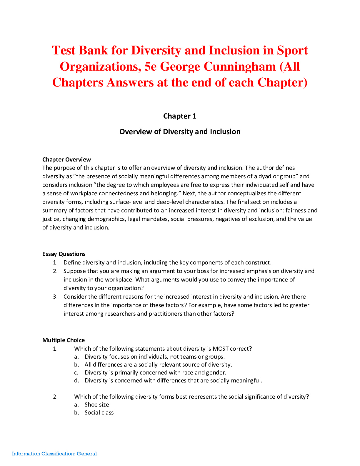 Preview of Diversity and Inclusion in Sport Organizations, 5e George Cunningham (Test Bank)